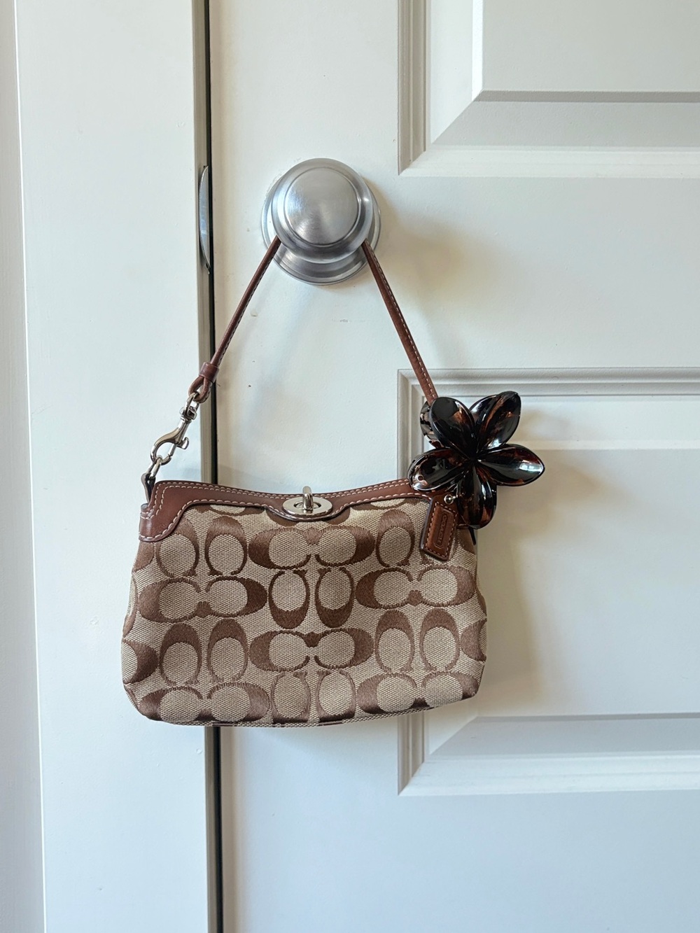 Coach Brown Signature Canvas Wristlet/mini bag with Leather Trim